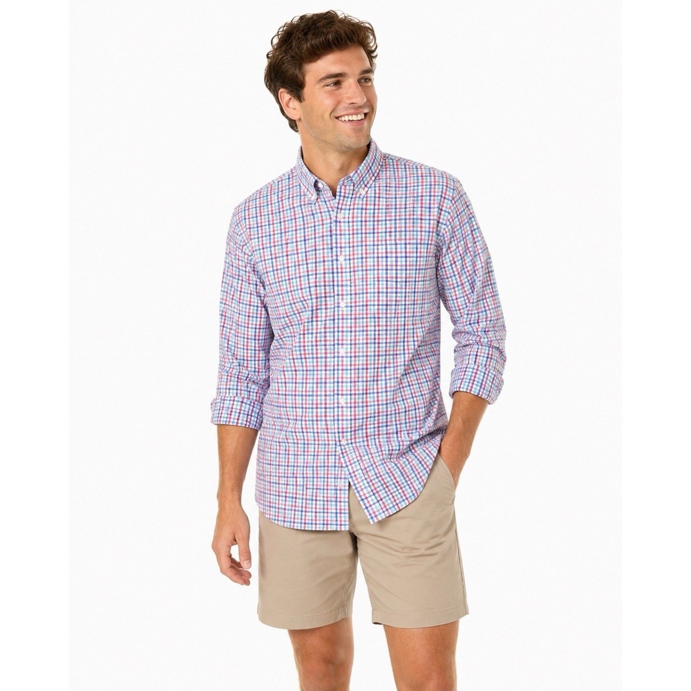 Johnnie-O‎ Prep-Performance Plaid Button Down Shirt XXL Stretch Golf Casual Blue